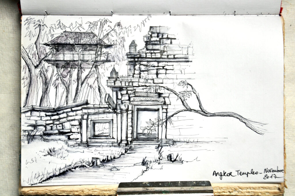 Dessins de cabane aux temples d'Angkor, Cambodge